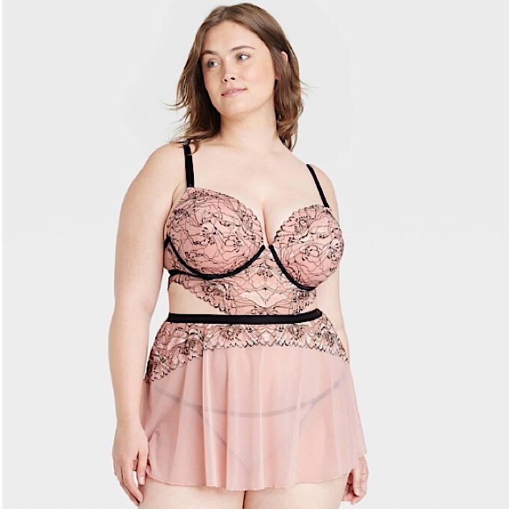 Auden Women’s Rose Pink Lace Push-Up Babydoll Lingerie Top Size 1X